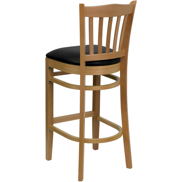 Black Vinyl Seat/Natural Wood Frame |#| Vertical Slat Back Natural Wood Restaurant Barstool - Black Vinyl Seat