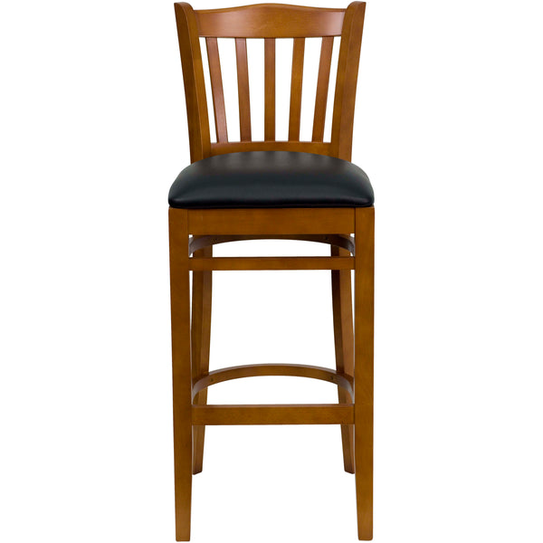 Black Vinyl Seat/Cherry Wood Frame |#| Vertical Slat Back Cherry Wood Restaurant Barstool - Black Vinyl Seat