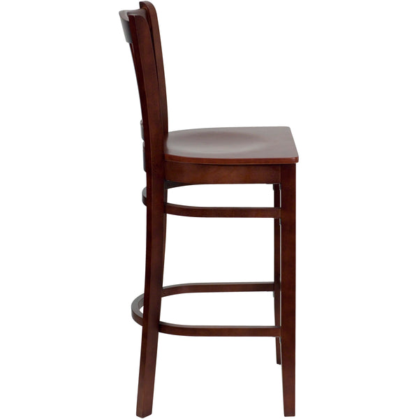 Mahogany Wood Seat/Mahogany Wood Frame |#| Vertical Slat Back Mahogany Wood Restaurant Barstool with Footrest