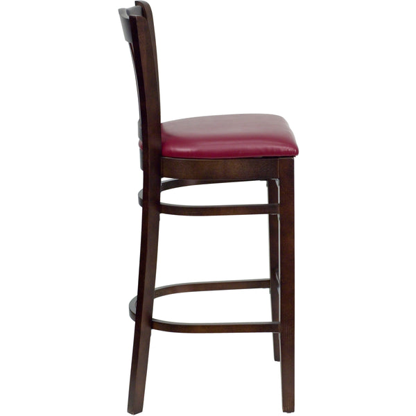 Burgundy Vinyl Seat/Walnut Wood Frame |#| Vertical Slat Back Walnut Wood Restaurant Barstool - Burgundy Vinyl Seat