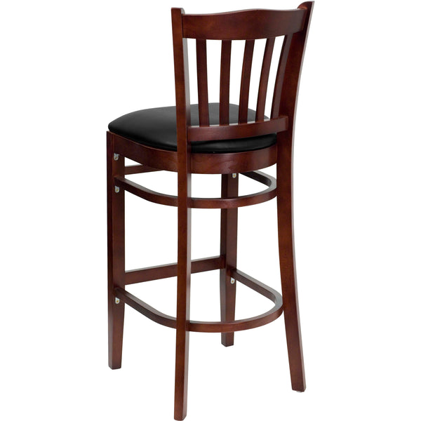 Black Vinyl Seat/Mahogany Wood Frame |#| Vertical Slat Back Mahogany Wood Restaurant Barstool - Black Vinyl Seat