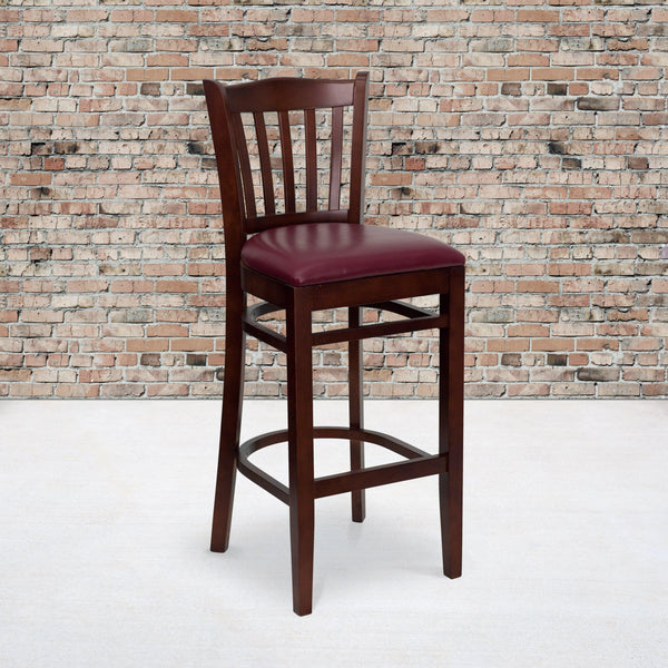 Burgundy Vinyl Seat/Mahogany Wood Frame |#| Vertical Slat Back Mahogany Wood Restaurant Barstool - Burgundy Vinyl Seat