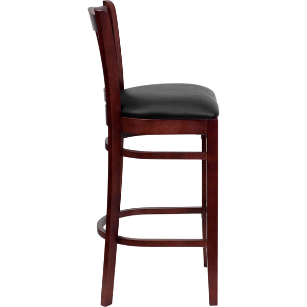 Black Vinyl Seat/Mahogany Wood Frame |#| Vertical Slat Back Mahogany Wood Restaurant Barstool - Black Vinyl Seat