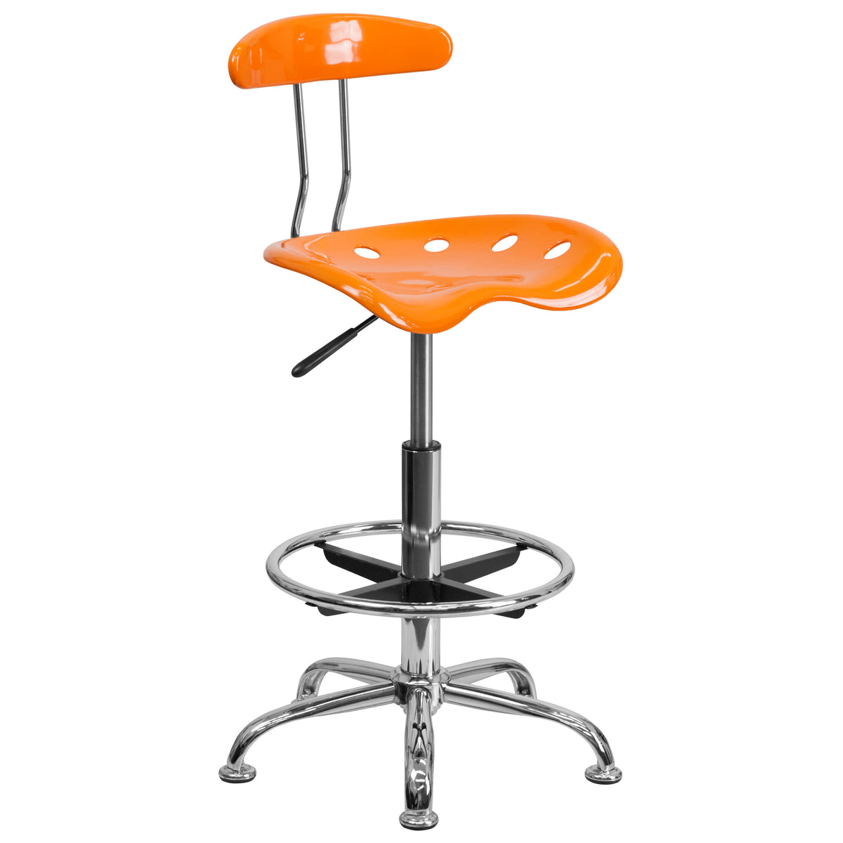 Orange |#| Vibrant Orange and Chrome Drafting Stool with Tractor Seat
