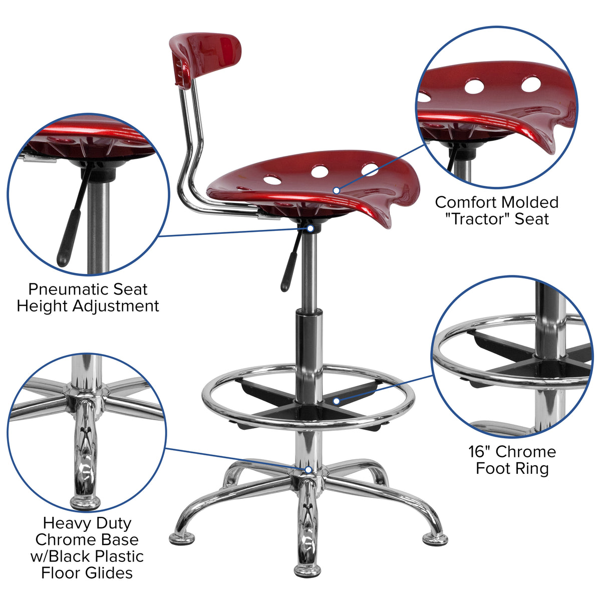 Wine Red |#| Vibrant Wine Red and Chrome Drafting Stool with Tractor Seat