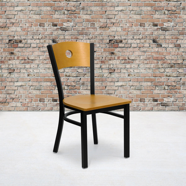 Natural Wood Back/Natural Wood Seat/Black Metal Frame |#| Black Circle Back Metal Restaurant Chair - Natural Wood Back & Seat