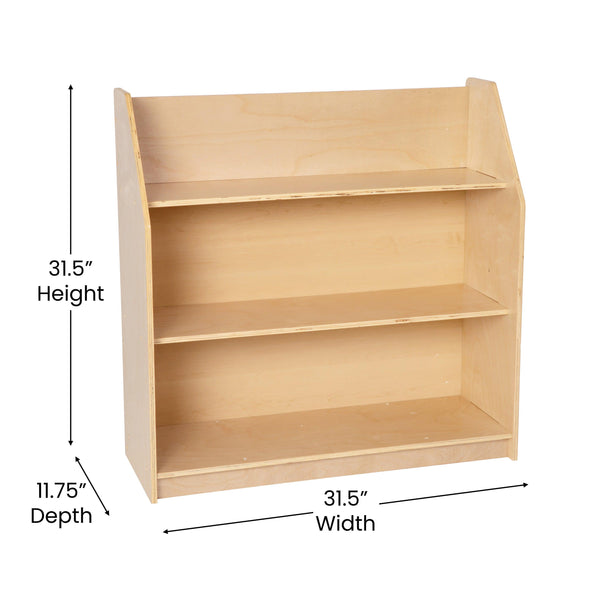 Kid Friendly Wooden Bookshelf in Natural Finish with 3 Display Shelves