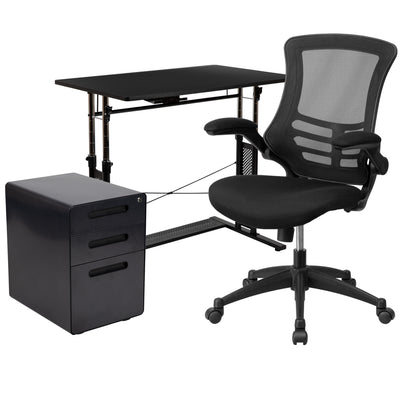 Work From Home Kit - Adjustable Computer Desk, Ergonomic Mesh Office Chair and Locking Mobile Filing Cabinet with Inset Handles - View 1