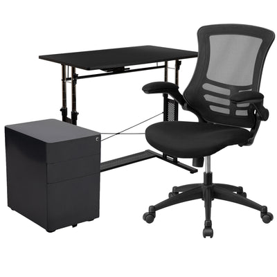 Work From Home Kit - Adjustable Computer Desk, Ergonomic Mesh Office Chair and Locking Mobile Filing Cabinet with Side Handles