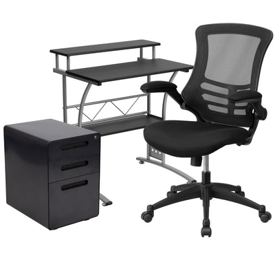 Work From Home Kit - Computer Desk, Ergonomic Mesh Office Chair and Locking Mobile Filing Cabinet with Inset Handles - View 1