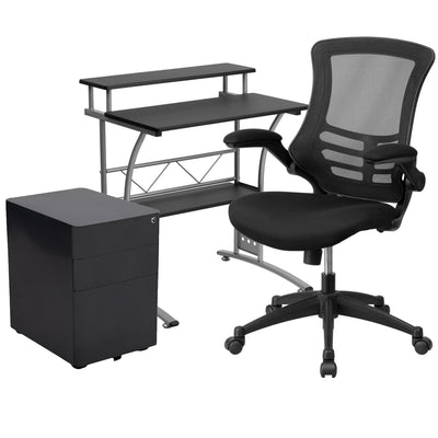 Work From Home Kit - Computer Desk, Ergonomic Mesh Office Chair and Locking Mobile Filing Cabinet with Side Handles - View 1