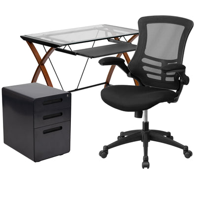 Work From Home Kit - Glass Desk with Keyboard Tray, Ergonomic Mesh Office Chair and Filing Cabinet with Lock & Inset Handles - View 1