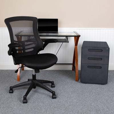 Work From Home Kit - Glass Desk with Keyboard Tray, Ergonomic Mesh Office Chair and Filing Cabinet with Lock & Inset Handles - View 2