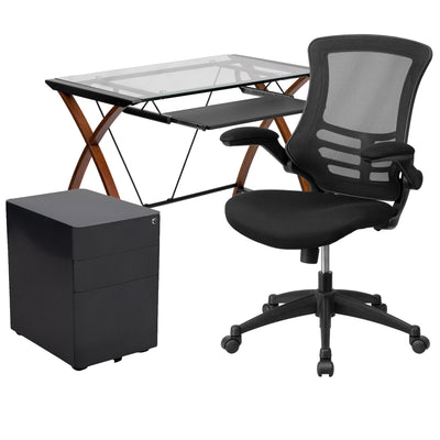 Work From Home Kit - Glass Desk with Keyboard Tray, Ergonomic Mesh Office Chair and Filing Cabinet with Lock & Side Handles - View 1