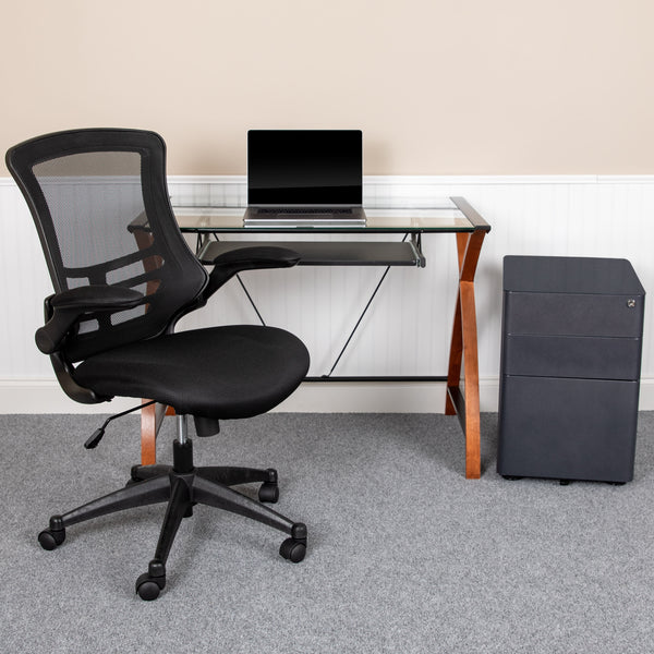 Office Set-Glass Computer Desk, Ergonomic Mesh Office Chair, Filing Cabinet