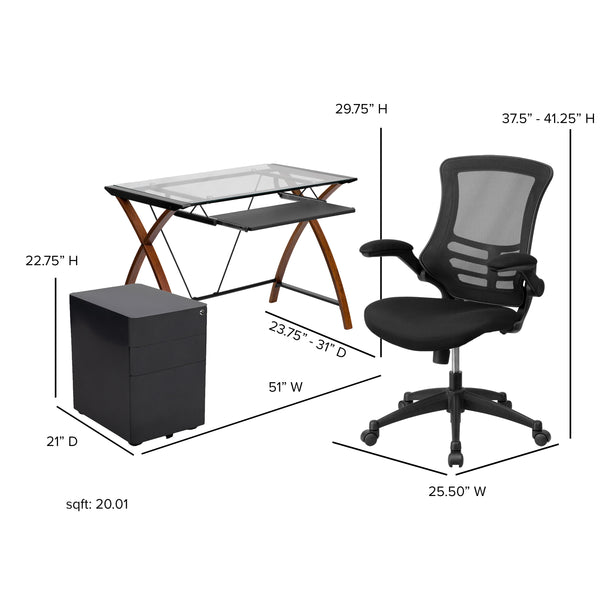 Office Set-Glass Computer Desk, Ergonomic Mesh Office Chair, Filing Cabinet