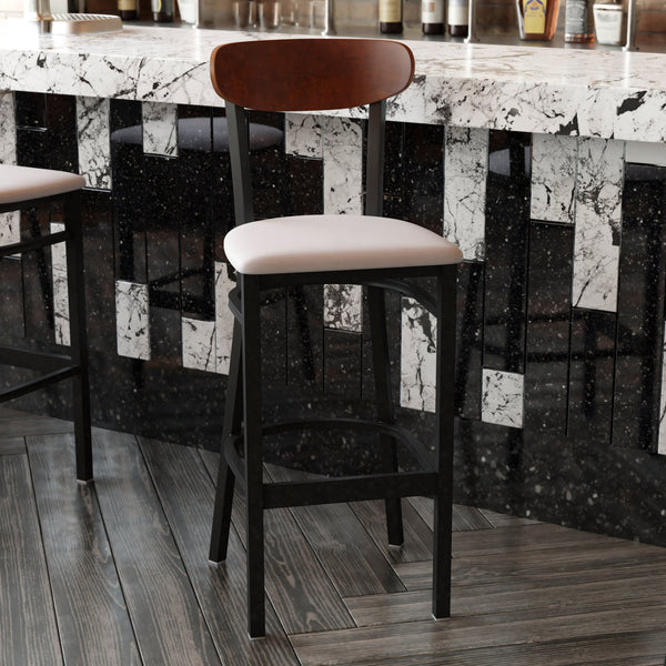 Walnut Wood Back/Gray Vinyl Seat |#| Commercial Metal Barstool with Vinyl Seat and Wood Boomerang Back-Gray/Walnut