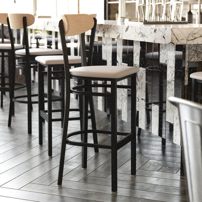 Wright Commercial Grade Barstool with 500 LB. Capacity Steel Frame, Solid Wood Seat, and Boomerang Back - View 2