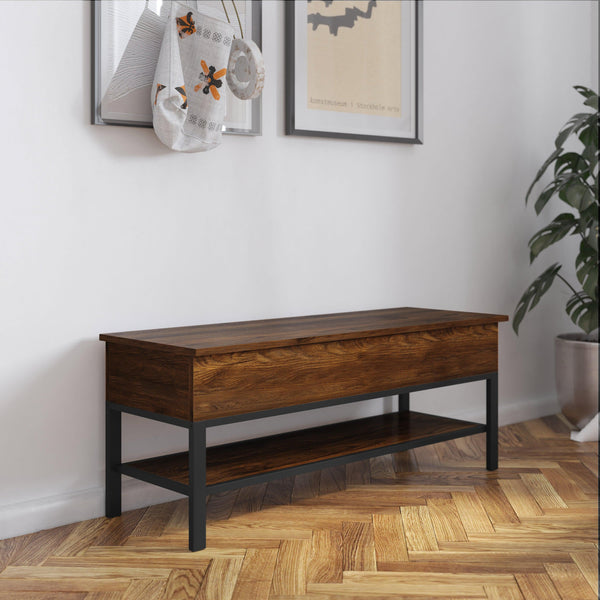 Walnut |#| Farmhouse Entryway Bench with Hinged Lift Top and Storage in Walnut