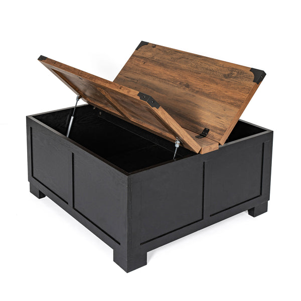 Black |#| Farmhouse Coffee Table with Hinged Lift Top and Storage in Black/Rustic Oak