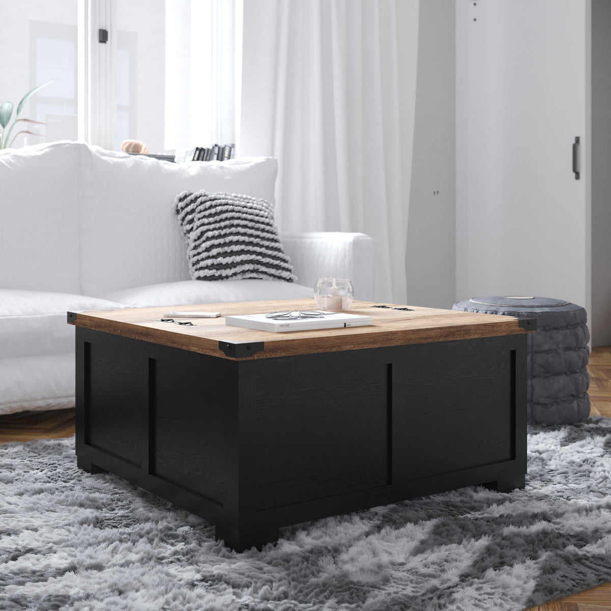Black |#| Farmhouse Coffee Table with Hinged Lift Top and Storage in Black/Rustic Oak