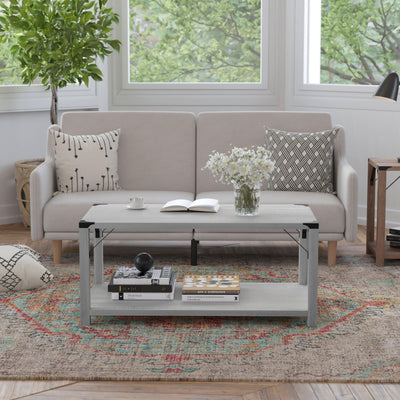 Wyatt Modern Farmhouse Wooden 2 Tier Coffee Table with Metal Corner Accents and Cross Bracing