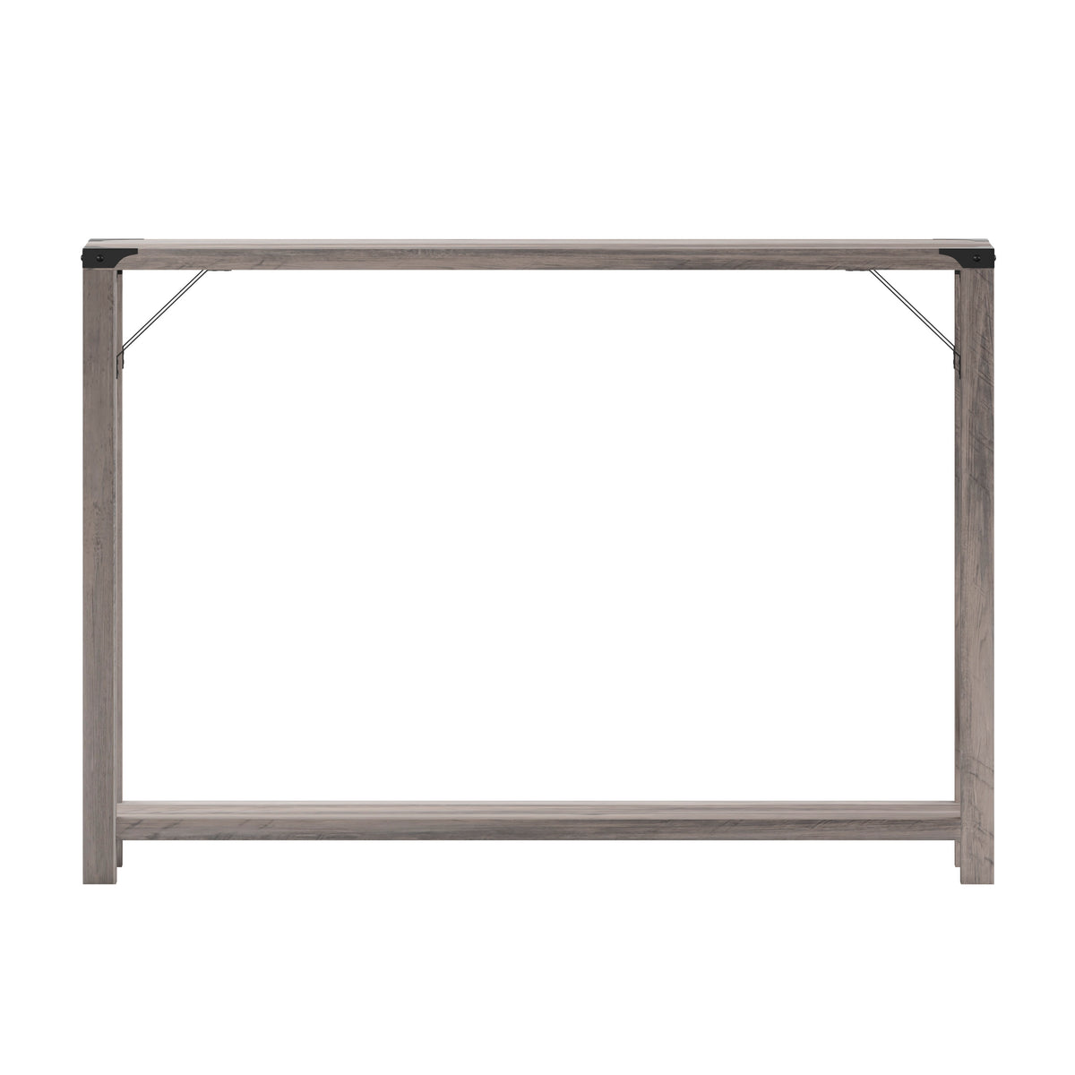 Gray Wash |#| 2-Tier Console Table with Black Metal Side Braces and Corner Caps - Gray Wash