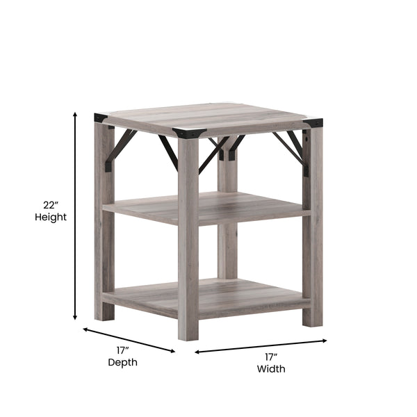 Gray Wash |#| 3-Tier Side Table with Black Metal Side Braces and Corner Caps - Gray Wash