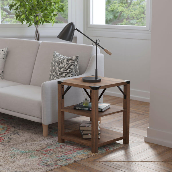 Rustic Oak |#| 3-Tier Side Table with Black Metal Side Braces and Corner Caps - Rustic Oak
