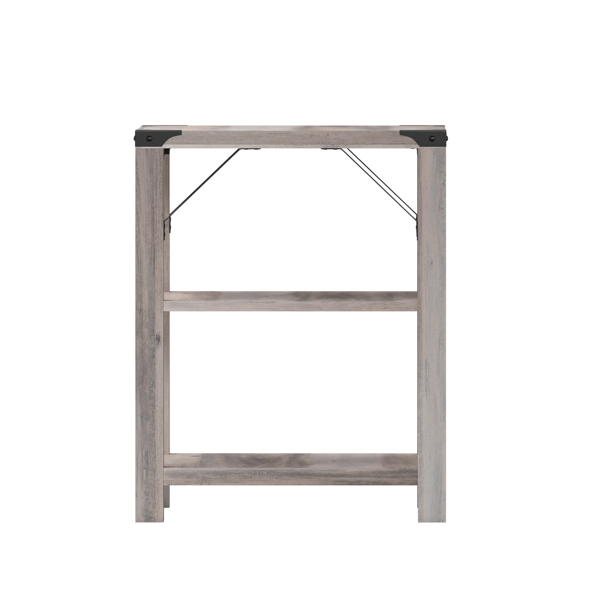 Gray Wash |#| 3-Tier Side Table with Black Metal Side Braces and Corner Caps - Gray Wash