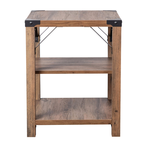 Rustic Oak |#| 3-Tier Side Table with Black Metal Side Braces and Corner Caps - Rustic Oak