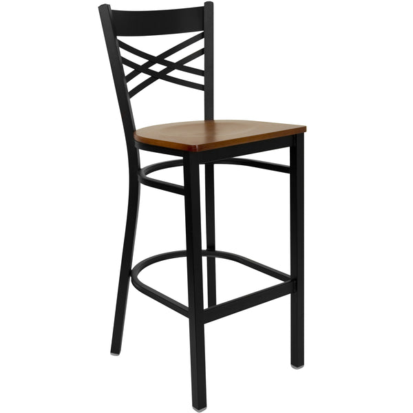 Cherry Wood Seat/Black Metal Frame |#| Black inchXinch Back Metal Restaurant Barstool - Cherry Wood Seat