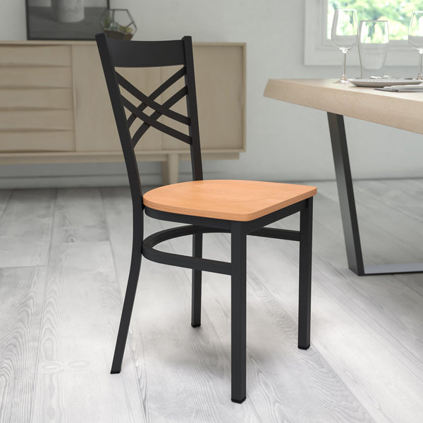 Natural Wood Seat/Black Metal Frame |#| Black inchXinch Back Metal Restaurant Chair - Natural Wood Seat