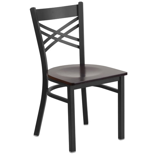 Walnut Wood Seat/Black Metal Frame |#| Black "X" Back Metal Restaurant Chair - Walnut Wood Seat