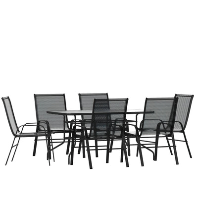 black sling patio chairs with glass top table