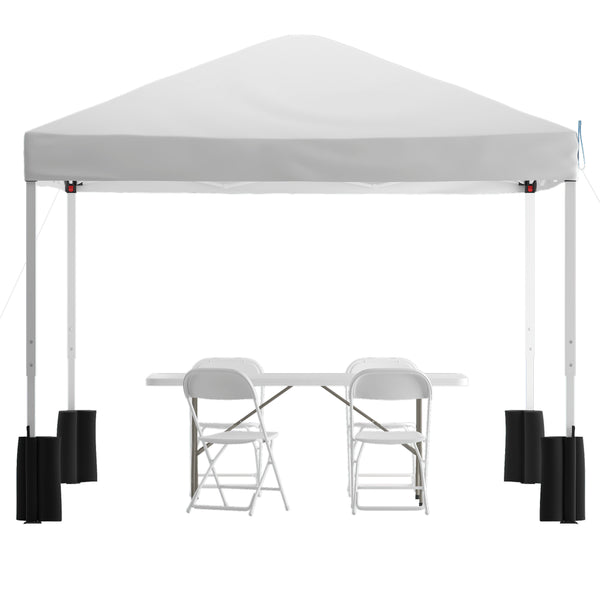 White |#| 10' x 10' White Pop Up Canopy Tent and 6 Ft. Bi-Fold Table with Wheeled Case