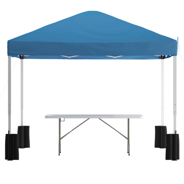 Blue |#| 10' x 10' Blue Pop Up Canopy Tent and 6 Ft. Bi-Fold Table with Wheeled Case