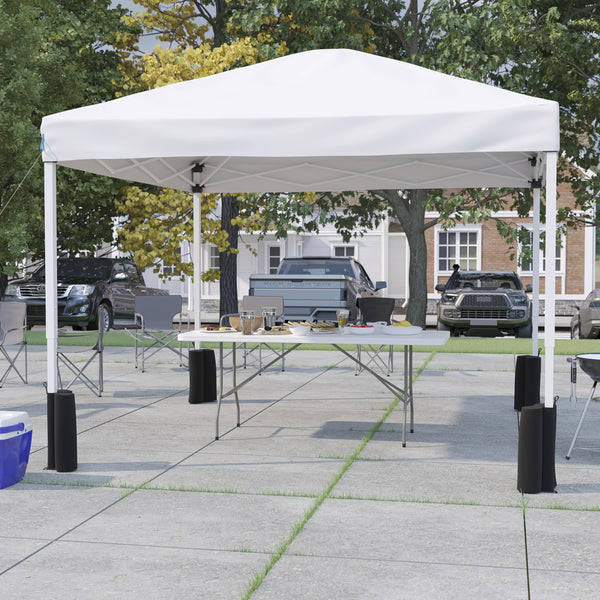 White |#| 10' x 10' White Pop Up Canopy Tent and 6 Ft. Bi-Fold Table with Wheeled Case