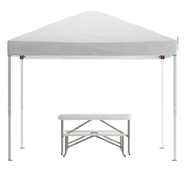 White |#| 10' x 10' White Pop Up Canopy with Carry Bag and Folding Table with Benches Set