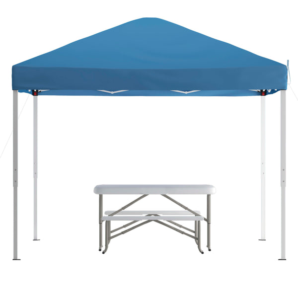 Blue |#| 10' x 10' Blue Pop Up Canopy with Carry Bag and Folding Table with Benches Set