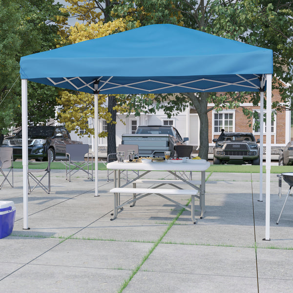 Blue |#| 10' x 10' Blue Pop Up Canopy with Carry Bag and Folding Table with Benches Set