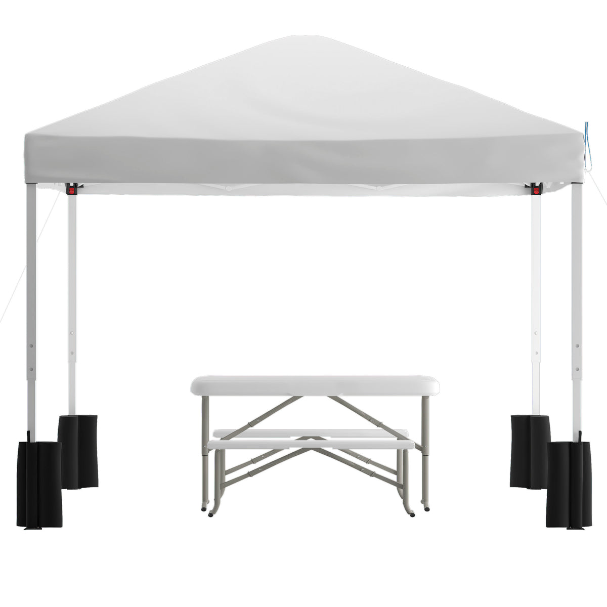 White |#| 10' x 10' White Pop Up Canopy - Wheeled Case - Folding Table with Benches Set