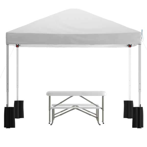 White |#| 10' x 10' White Pop Up Canopy - Wheeled Case - Folding Table with Benches Set