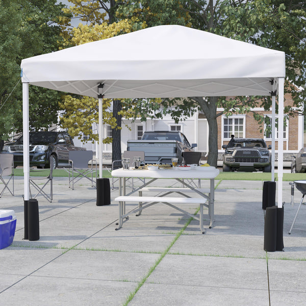 White |#| 10' x 10' White Pop Up Canopy - Wheeled Case - Folding Table with Benches Set