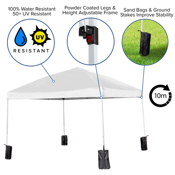 White |#| 10' x 10' White Pop Up Canopy - Wheeled Case - Folding Table with Benches Set
