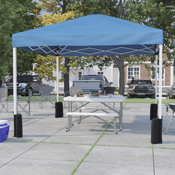 Blue |#| 10' x 10' Blue Pop Up Canopy - Wheeled Case - Folding Table with Benches Set