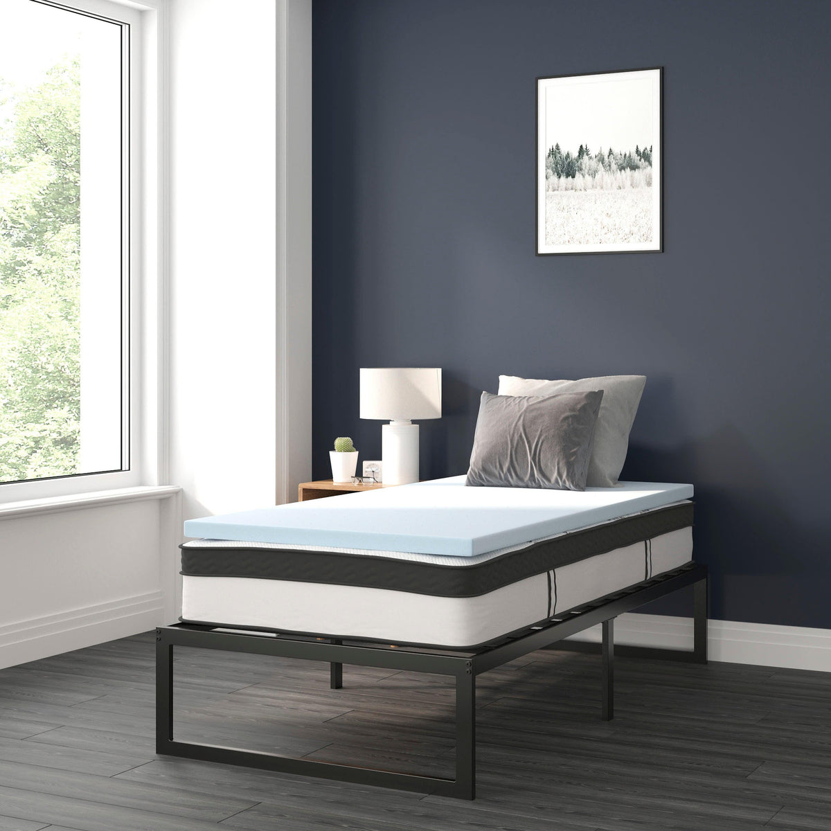 Twin |#| 14inch Twin Platform Bed Frame; 10inch Pocket Spring Mattress & 3inch Memory Foam Topper