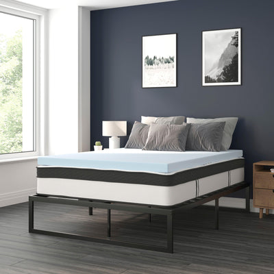 14 Inch Metal Platform Bed Frame with 12 Inch Pocket Spring Mattress in a Box and 3 inch Cool Gel Memory Foam Topper