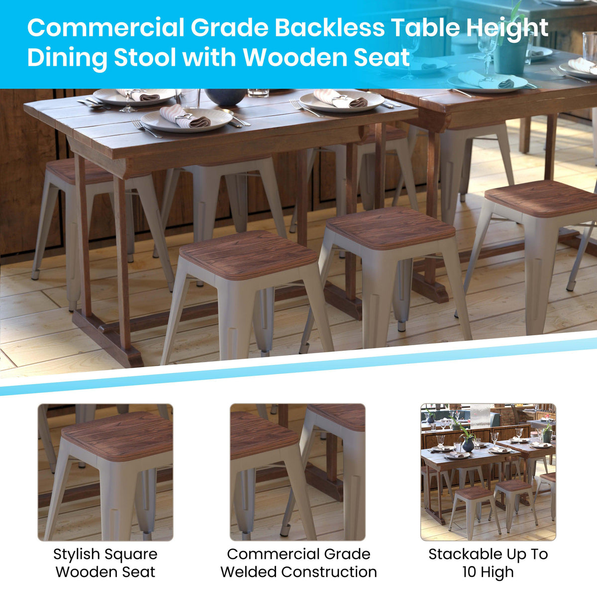 Silver |#| Set of 4 Silver 18inch Table Height Indoor Stackable Metal Stool with Wood Seat