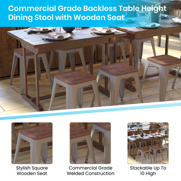Silver |#| Set of 4 Silver 18inch Table Height Indoor Stackable Metal Stool with Wood Seat